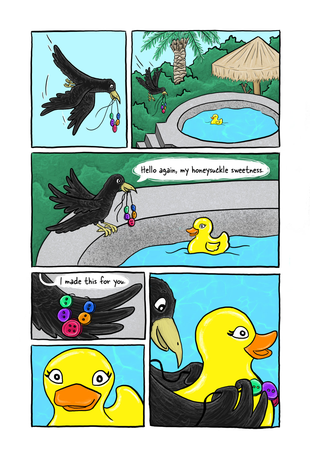 Page 4 Mr. Buttons gives a button necklace to the duck who he has a crush on